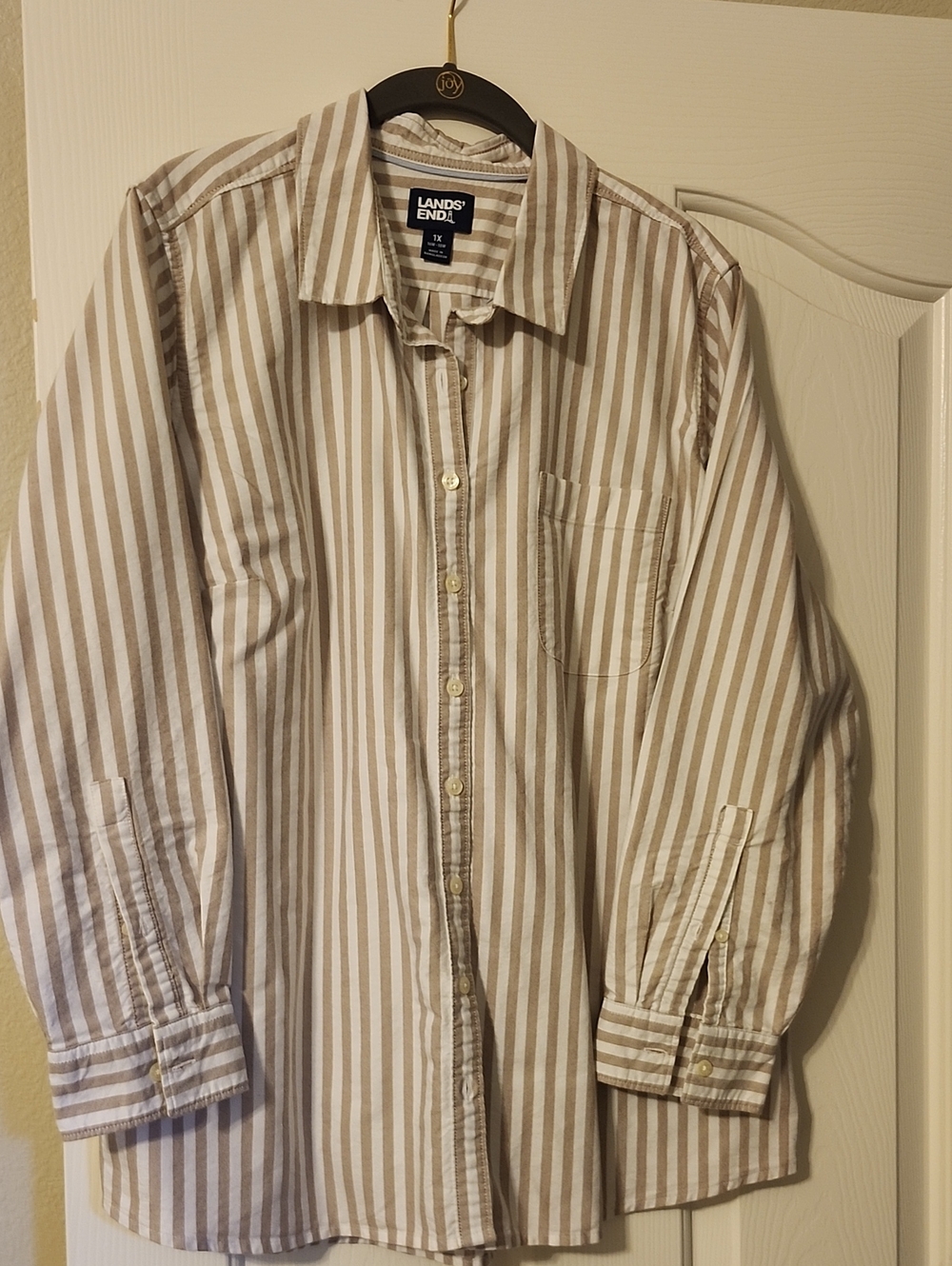 Lands' End Beige and White Striped Long Sleeve Shirt